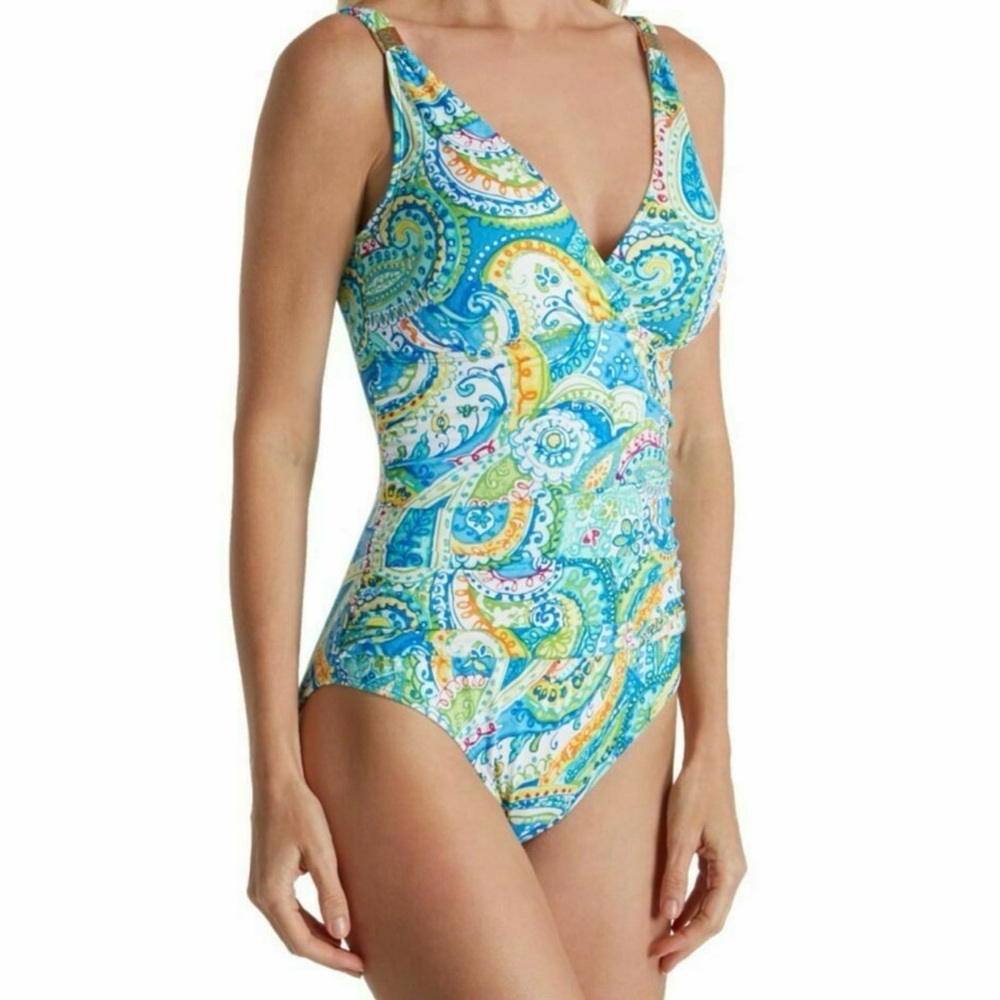 Ralph Lauren Blue Carnivale Paisley One Piece Swimsuit Size 14